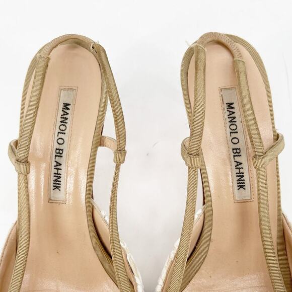 Manolo Blahnik Cream Tan Floral Embroidered Bow Pointed Toe Slingback Heel IT 37 - Picture 9 of 12